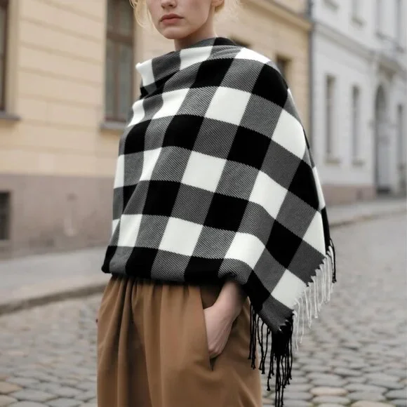 Women's White Gray Lattice Scarf Fashion Long Plaid Shawls Wraps Big Grid Winter - Picture 6 of 7